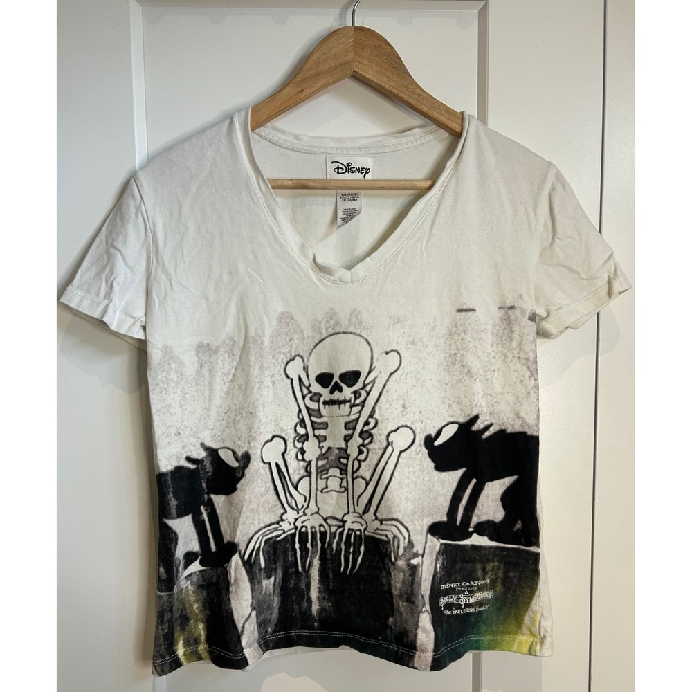 Disney Silly Symphony The Skeleton Dance V-Neck Graphic T-Shirt White Small